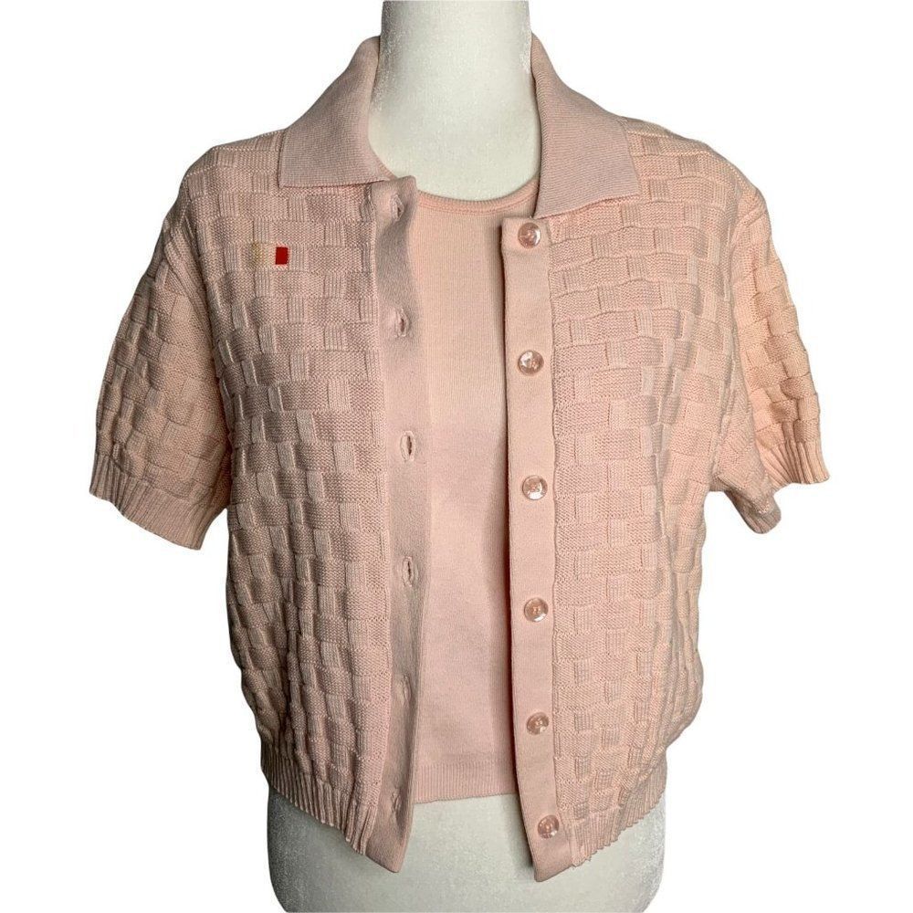 Vintage 90s Saks Fifth Ave Twin Set S Petite Pink Knit Cardigan Sweater Shell